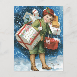 Cartes Pour Fêtes Annuelles Noël vintage, Fille avec cadeaux en neige hivernal