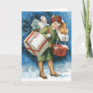 Cartes Pour Fêtes Annuelles Noël vintage, fille avec des cadeaux dans la neige