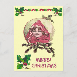 Cartes Pour Fêtes Annuelles Noël vintage, fille édouardienne dans une capuche