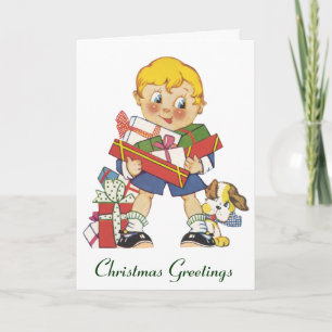 Cartes Pour Fêtes Annuelles Noël vintage, garçon avec cadeaux et chiot