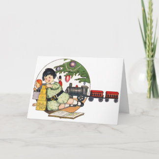 Cartes Pour Fêtes Annuelles Noël vintage, garçon heureux jouant avec des jouet