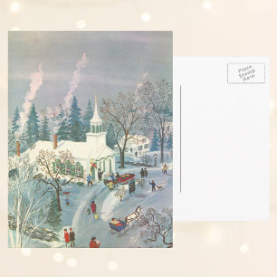 Cartes Pour Fêtes Annuelles Noël vintage, gens allant à l'église dans la neige