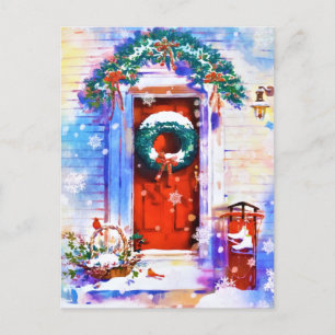Cartes Pour Fêtes Annuelles Noël Vintage Hiver Rouge Porte Maison Aquarelle