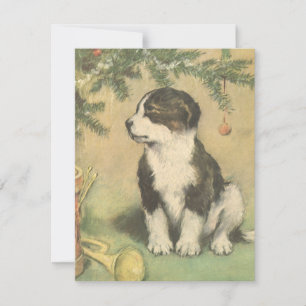 Cartes Pour Fêtes Annuelles Noël Vintage, Joli Chiot Sous Arbre De Noël