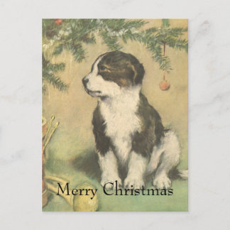 Cartes Pour Fêtes Annuelles Noël Vintage, Joli Chiot Sous Arbre De Noël