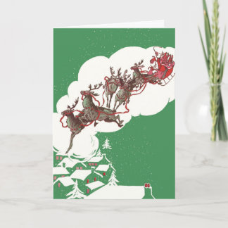 Cartes Pour Fêtes Annuelles Noël vintage, joyeux Père Noël volant avec son tra