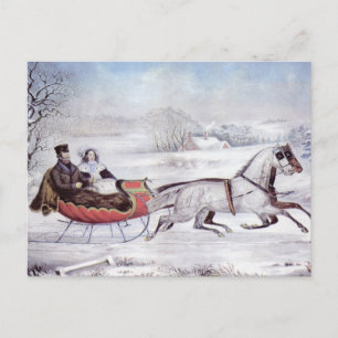 Cartes Pour Fêtes Annuelles Noël vintage, La route d'hiver, Traîneau à cheval