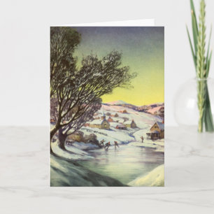 Cartes Pour Fêtes Annuelles Noël vintage, lac gelé avec patineurs
