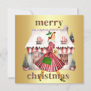 Cartes Pour Fêtes Annuelles Noël Vintage Lady Shopping 1950