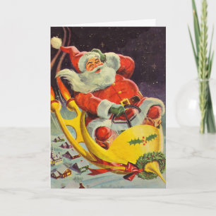 Cartes Pour Fêtes Annuelles Noël vintage, le Père Noël dans un vaisseau spatia