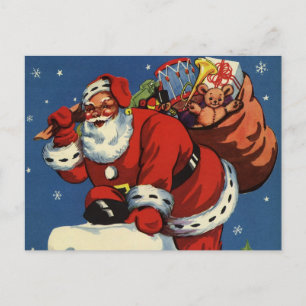 Cartes Pour Fêtes Annuelles Noël vintage, le Père Noël descend dans la cheminé