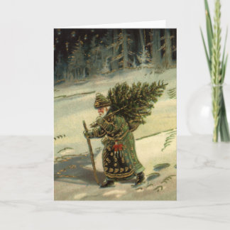 Cartes Pour Fêtes Annuelles Noël vintage, le Père Noël porte un arbre