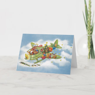 Cartes Pour Fêtes Annuelles Noël vintage, le Père Noël vole un avion