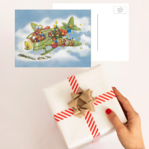 Cartes Pour Fêtes Annuelles Noël vintage, le Père Noël vole un avion