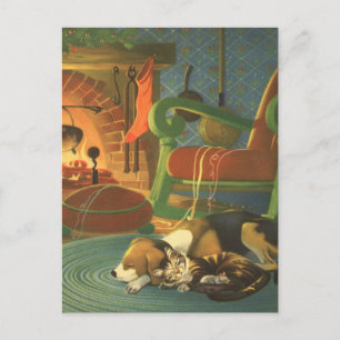 Cartes Pour Fêtes Annuelles Noël Vintage, Les animaux dormant par cheminée