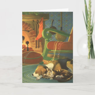 Cartes Pour Fêtes Annuelles Noël Vintage, Les animaux dormant par cheminée
