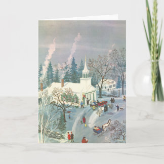Cartes Pour Fêtes Annuelles Noël vintage, Les gens vont à l'église en neige