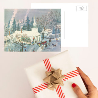 Cartes Pour Fêtes Annuelles Noël vintage, Les gens vont à l'église en neige