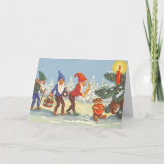 Cartes Pour Fêtes Annuelles Noël vintage, lutins dans la forêt enneigée d'hive
