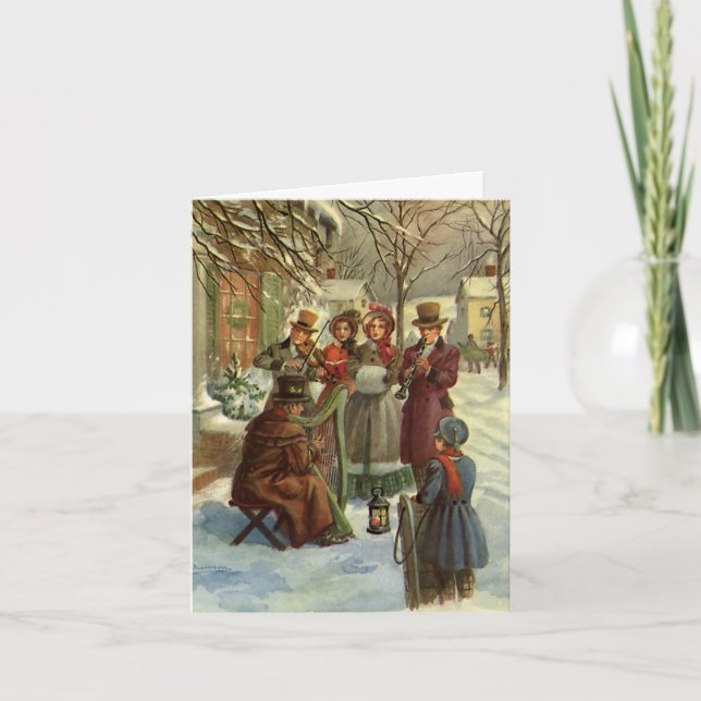 Cartes Pour Fêtes Annuelles Noël Vintage, Musiciens Victoriens En Carolage (Devant)