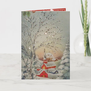 Cartes Pour Fêtes Annuelles Noël vintage neige paillettes argentées église rou