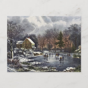 Cartes Pour Fêtes Annuelles Noël vintage, Patineurs de début d'hiver sur un ét