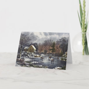 Cartes Pour Fêtes Annuelles Noël Vintage, Patins d'hiver précoce sur un étang