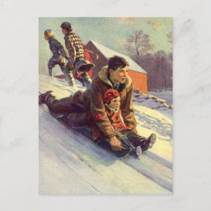 Cartes Pour Fêtes Annuelles Noël vintage, père et fille faisant de la luge