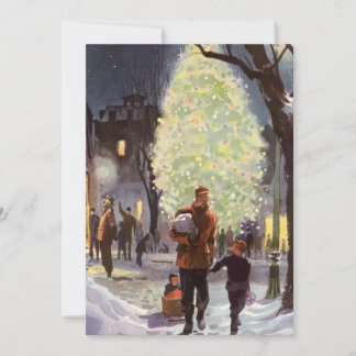 Cartes Pour Fêtes Annuelles Noël vintage, père faisant des achats avec les enf
