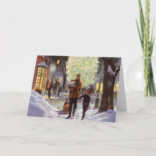 Cartes Pour Fêtes Annuelles Noël vintage, père faisant des achats avec les enf