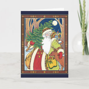 Cartes Pour Fêtes Annuelles Noël vintage, Père Noël Cerf dans la forêt