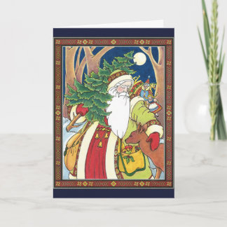 Cartes Pour Fêtes Annuelles Noël vintage, Père Noël Cerf dans la forêt