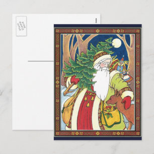Cartes Pour Fêtes Annuelles Noël vintage, Père Noël Cerf dans la forêt