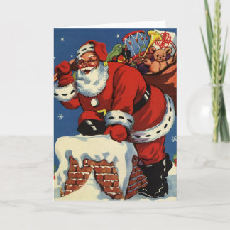 Cartes Pour Fêtes Annuelles Noël vintage, Père Noël descendant la cheminée ave