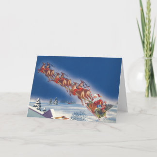 Cartes Pour Fêtes Annuelles Noël Vintage, Père Noël Flying Sleigh w Reindeer