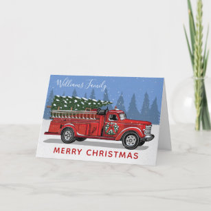 Cartes Pour Fêtes Annuelles Noël Vintage Red Fire Truck Nom de famille