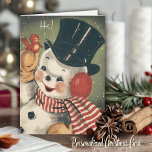 Cartes Pour Fêtes Annuelles Noël vintage Retro Snowman personnalisable<br><div class="desc">Envoyez cette jolie carte vintage de Noël bonhomme de neige à tous vos amis cette saison des fêtes ! Cette carte présente un bonhomme de neige du milieu du siècle joyeux en chapeau noir et une écharpe rayée rouge et blanche avec un petit oiseau rouge mignon perché sur sa main...</div>