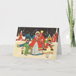 Cartes Pour Fêtes Annuelles Noël vintage, une famille chantant des chants de m
