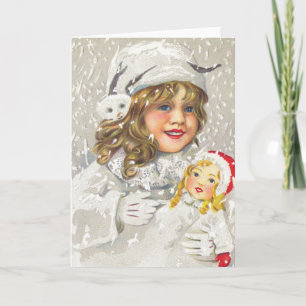 Cartes Pour Fêtes Annuelles Noël vintage victorien Fille avec poupée dans la n