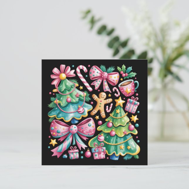 Cartes Pour Fêtes Annuelles Nœud de sapin de Noël floral prépa rose bleu Coque (Debout devant)