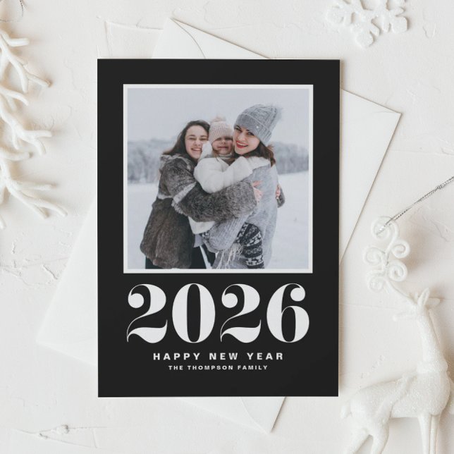 Cartes Pour Fêtes Annuelles Noir 2025 Téméraire Typographie Nouvel An Photo (Ring in 2026 with a stylish retro flair using this black and white Happy New Year photo card.)