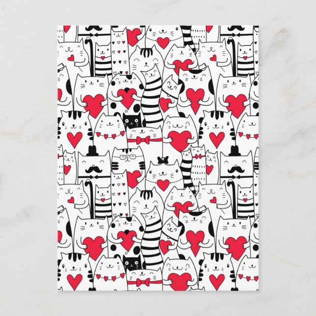 Cartes Pour Fêtes Annuelles Noir Blanc Cute Chat Coeur Rouge (Devant)