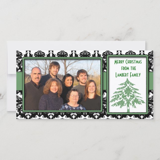 Cartes Pour Fêtes Annuelles Noir & blanc Damas vert Arbre Joyeux Noël (Devant)
