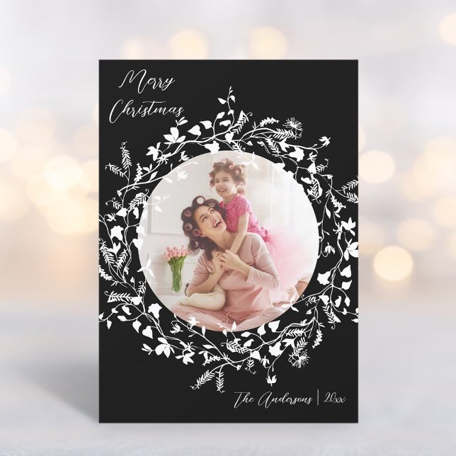 Cartes Pour Fêtes Annuelles Noir & Blanc Elegant Boho Fleur sauvage Noël (Créateur téléchargé)