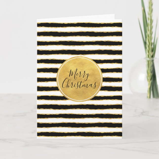 Cartes Pour Fêtes Annuelles Noir Blanc Gold Stripes Noël (Devant)