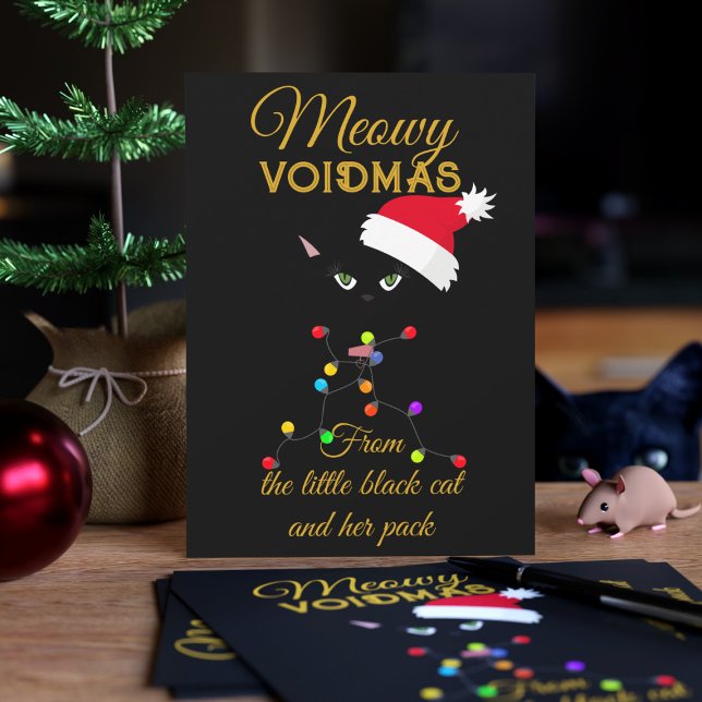 Cartes Pour Fêtes Annuelles Noir Chat lumières Noël Meowmas Voidmas (Merry Voidmas from my black cat to yours. Have a very merry one!)