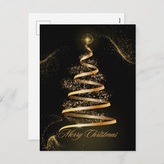 Cartes Pour Fêtes Annuelles noir doré élégant sapin de noël étincelant (Devant / Derrière)