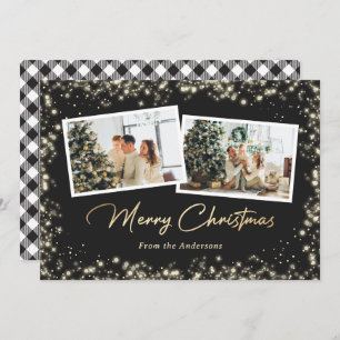 Cartes Pour Fêtes Annuelles Noir et blanc Buffalo Plaid Gold Photo Noël