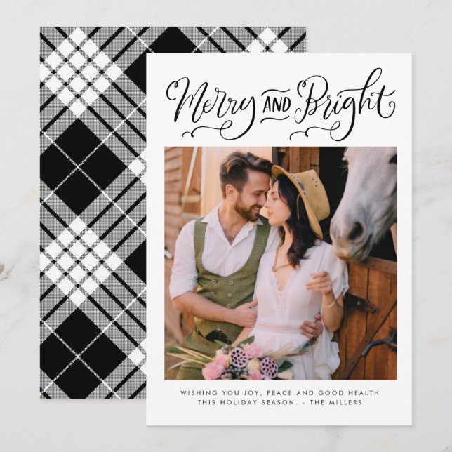 Cartes Pour Fêtes Annuelles Noir et blanc Joyeux Bright Photo Noël (Devant / Derrière)