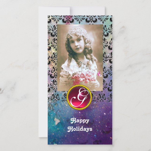 Cartes Pour Fêtes Annuelles NOIR ET BLEU DAMASK Rouleau rouge Monogramme (Devant)